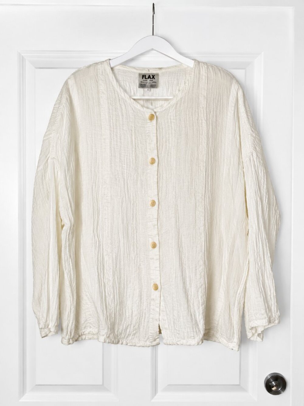 FLAX White Linen Button Front Top Relaxed Boho Lightweight Blouse Shirt Medium